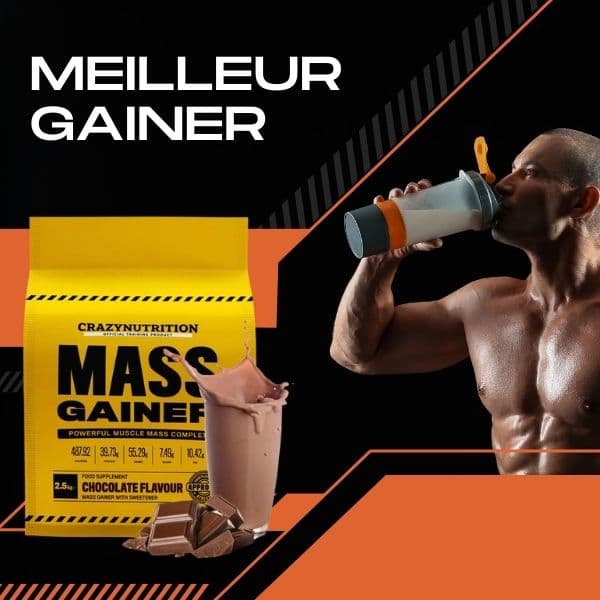 Sachet de mass gainer et athlète buvant un shake