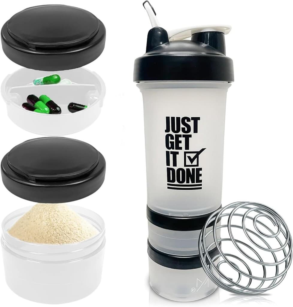 Shaker 3 compartiments avec pilulier, pot poudre et boule mixeuse